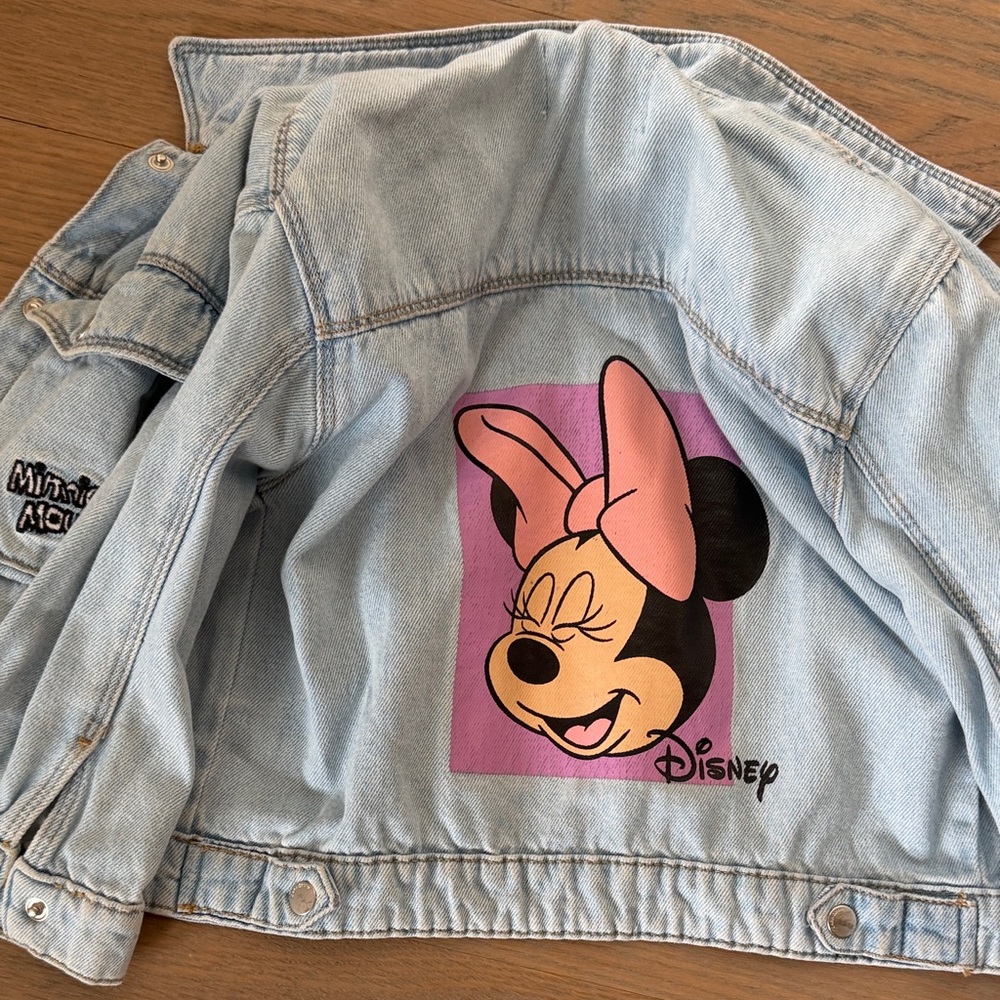 Zara Light Blue Denim Jacket with Minnie Graphic and Pink Bow